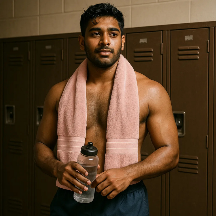 Man with a towel around his neck holding a water bottle in a locker room.
