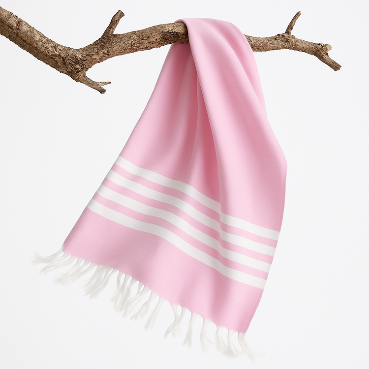 Pink towel hanging on the branch of a tree and flying in the air