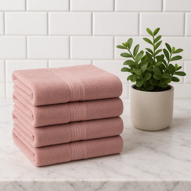 Stack of pink towels on a marble surface with a plant in the background