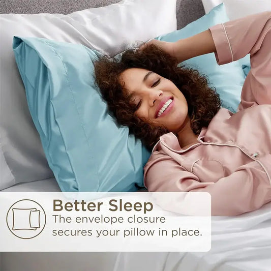 Woman lying on a bed with blue pillows, smiling, and text about better sleep.