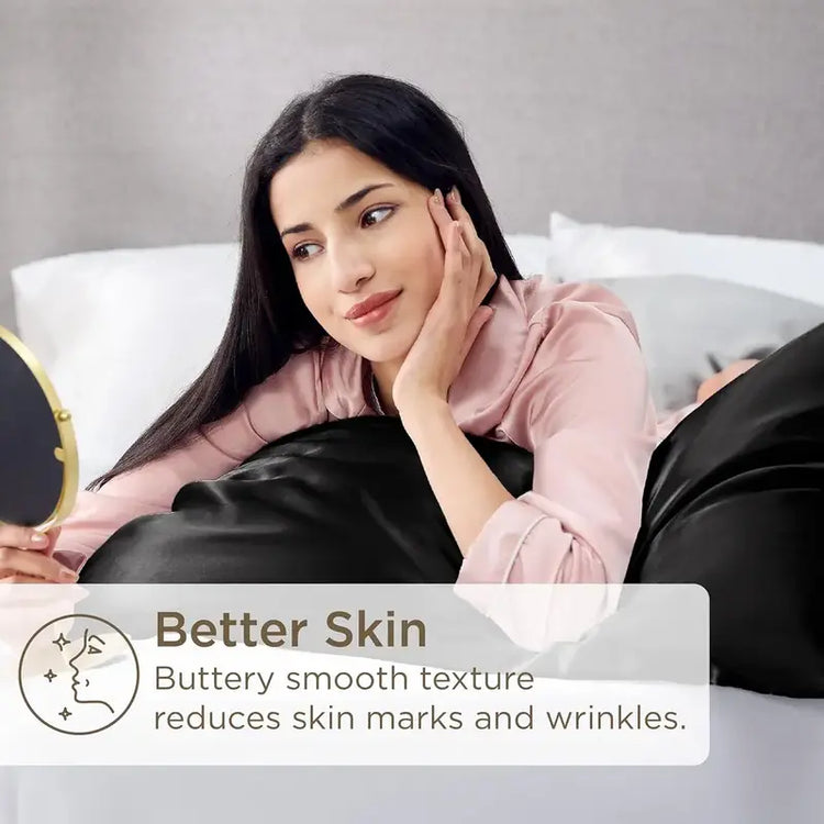 Woman lying on a couch with a text overlay about better skin texture
