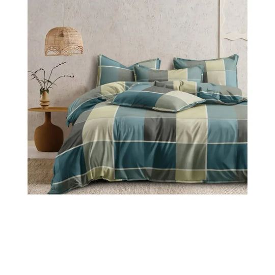 Premium 300 TC King Size Cotton Bedsheet -Blue green check, Elastic Fitted - EssenceNest