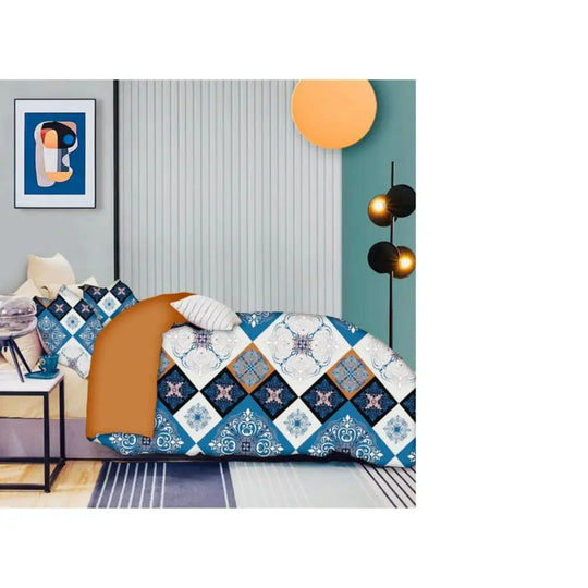 Premium 300 TC King Size Fitted & Flat Bedsheet - Navy Blue with Geometric Prints