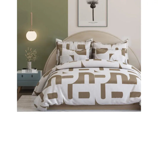 Premium 300 TC King Size Cotton Bedsheet - Beige and White, Elastic Fitted and Flat