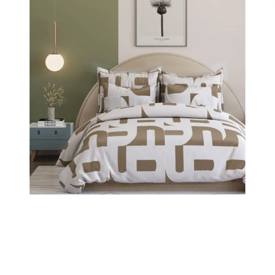 Premium 300 TC King Size Cotton Bedsheet - Beige and White, Elastic Fitted and Flat