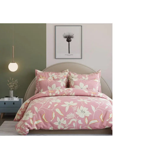 Premium 300 TC King Size Fitted & Flat Bedsheet - Pastel Pink with Floral Print