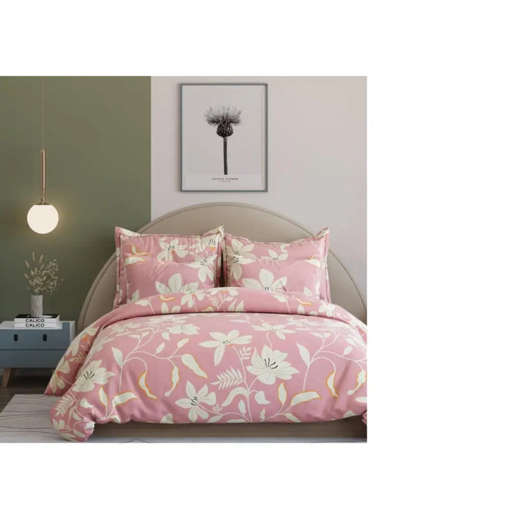 Premium 300 TC King Size Fitted & Flat Bedsheet - Pastel Pink with Floral Print