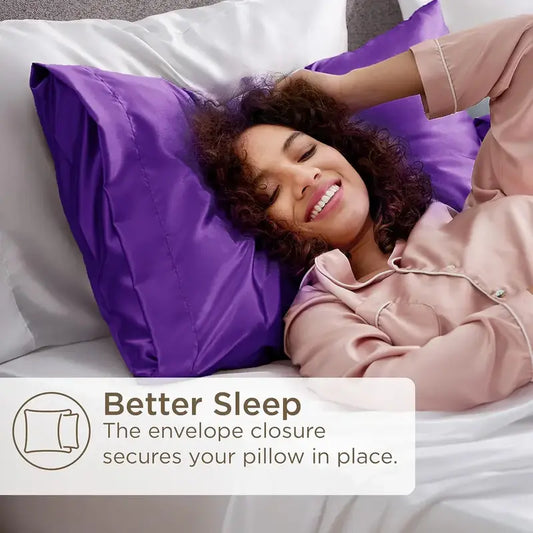 Woman lying on a bed with a purple pillow, smiling, with text about better sleep and envelope closure.