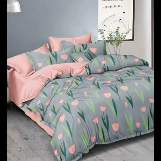 Rose Blossom Comforter Set - Pale Pink & Grey with Floral Print