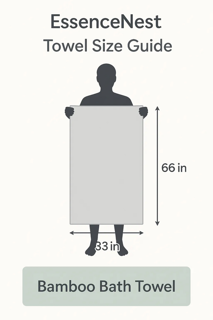 EssenceNest Bamboo Bath Towel size guide with a silhouette holding the towel.