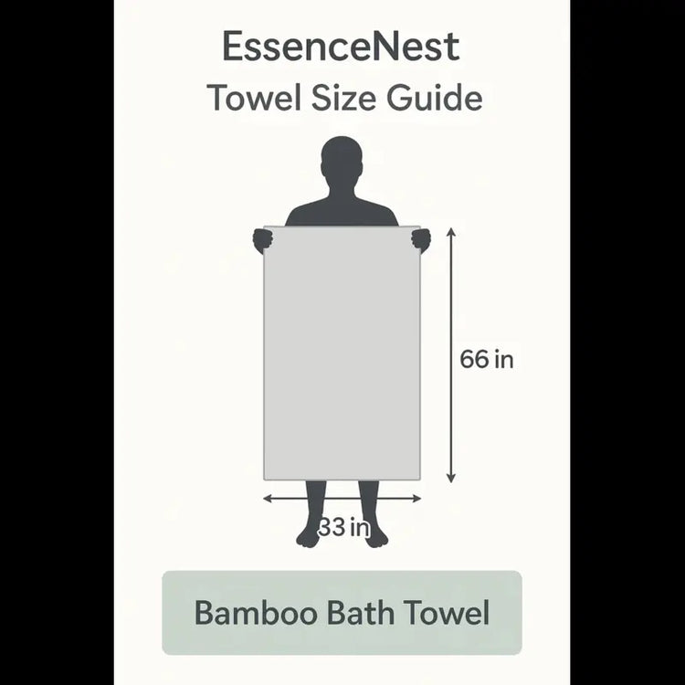 EssenceNest Bamboo Bath Towel size guide with dimensions and silhouette of a person holding the towel.