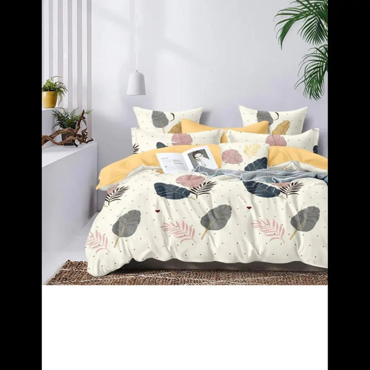 Cream Elastic Fitted Cotton Bedsheet - Floral Abstract Print