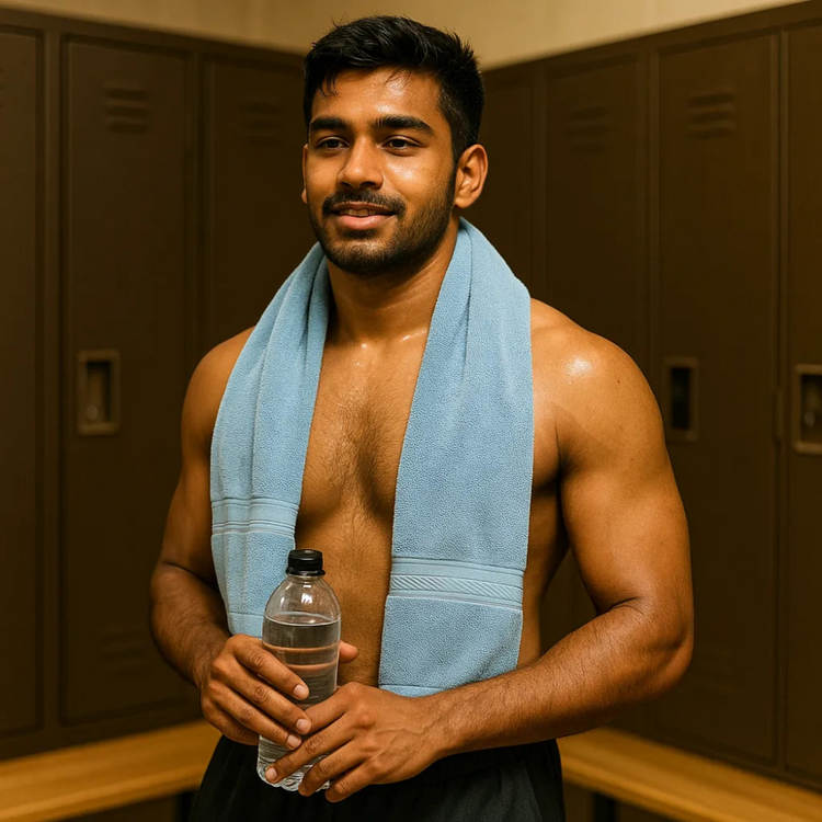 Man with a towel around his neck holding a water bottle in a locker room.