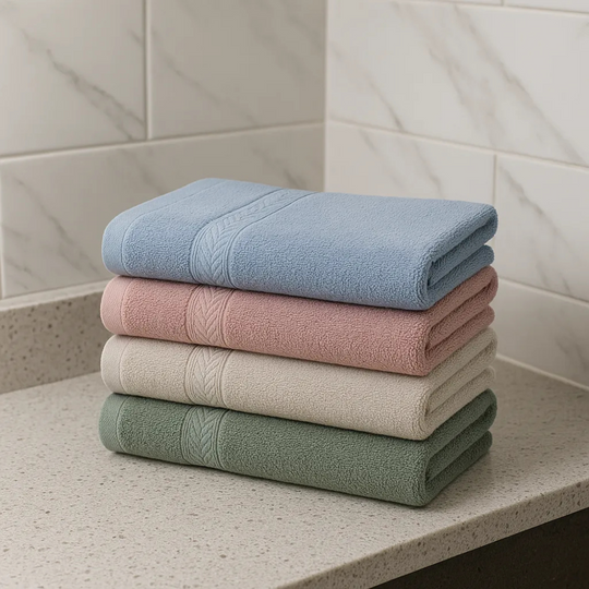 Stack of four folded towels in blue, pink, beige, and green on a bathroom counter.