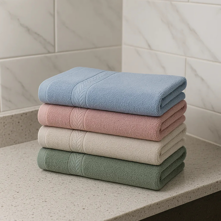 Stack of four folded towels in blue, pink, beige, and green on a bathroom counter.