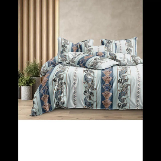 Multi-color vertical print cotton bedsheet, 310 TC, fitted size 72x78 inches, with coordinating pillowcases.