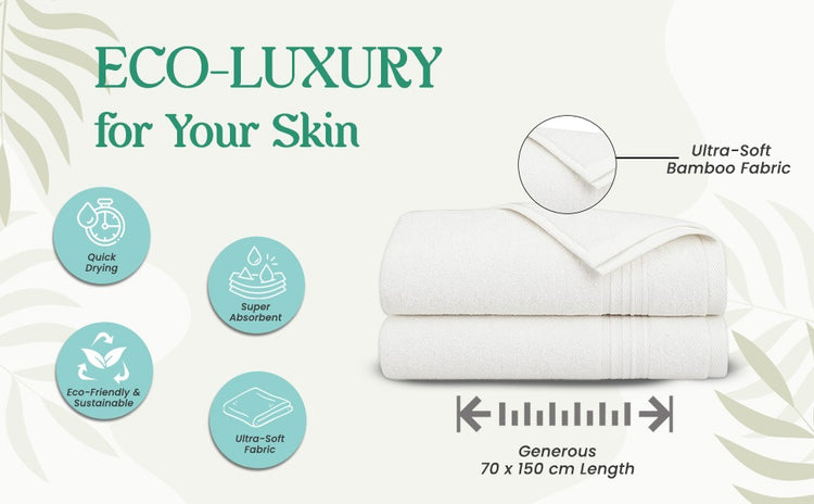 White towels with eco-friendly features and dimensions on a light background