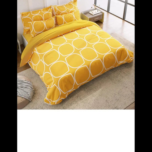 Yellow elastic fitted cotton bedsheet with abstract prints, 140 GSM, 72x78+8 inches, includes 2 pillow covers, 18x28 inches.