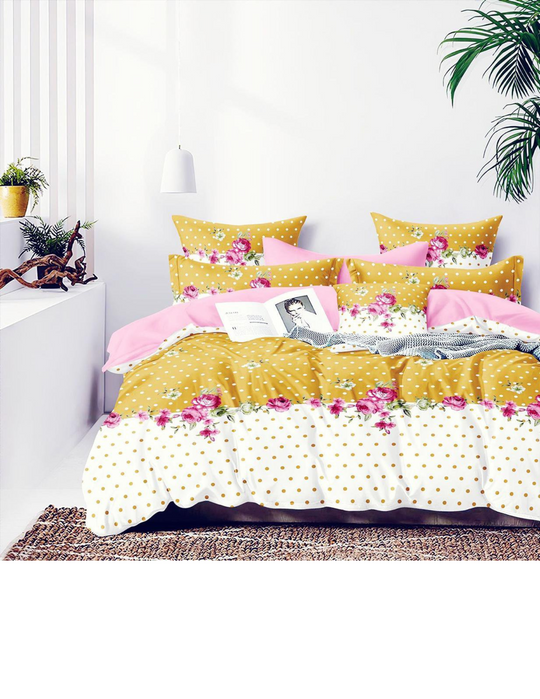Yellow fitted bedsheet with floral & polka dots, 140 GSM, 230 TC, with pillow covers.