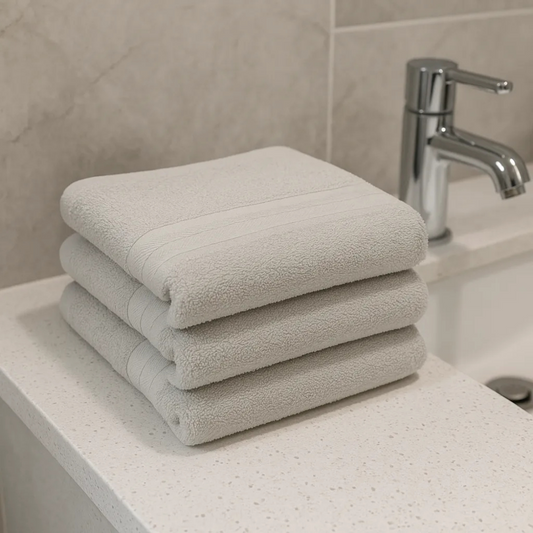 Stack of beige towels on a bathroom counter with a faucet in the background