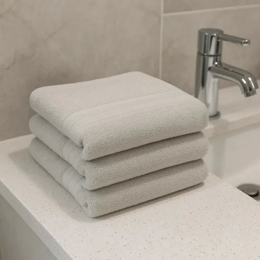 Stack of light gray towels on a bathroom counter with a faucet in the background