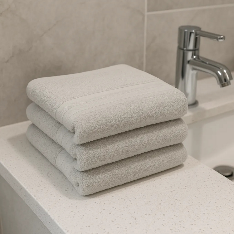 Stack of beige towels on a bathroom counter with a faucet in the background