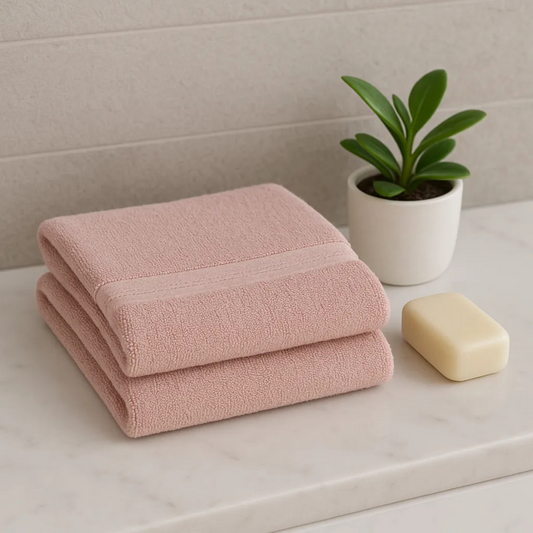 Stack of pink towels on a marble surface with a plant and soap bar in the background.