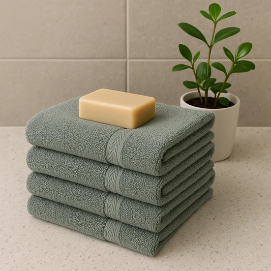 Stack of green towels with a bar of soap and a plant on a neutral background